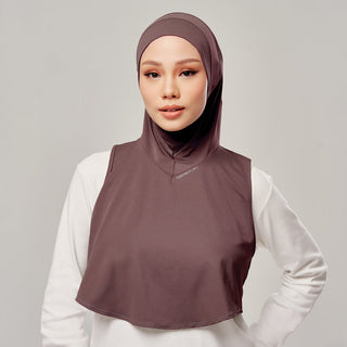 Najwa Sport Flow active hijab in Ash Brown by TudungPeople, shown in a natural pose, highlighting the comfortable, stylish design.