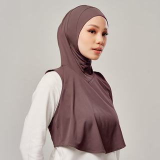 Najwa Sport Flow active hijab in ash brown by TudungPeople, featuring a comfortable, stylish design for active wear.