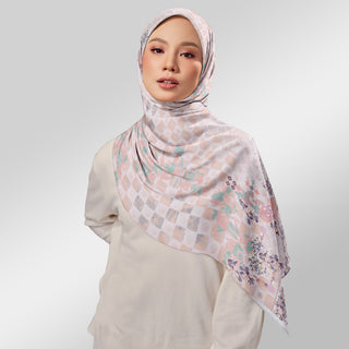Nostalgia Tali SQ print by TudungPeople featuring vibrant, artistic fabric design with intricate patterns and bold colors.