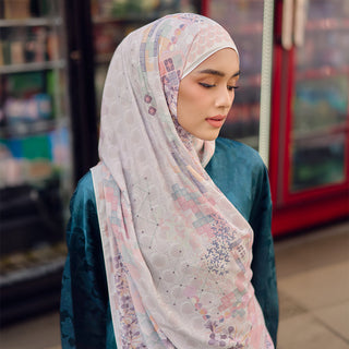 Nostalgia Tali print by TudungPeople featuring traditional Tali design in vibrant colors on a printed fabric background.