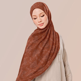 TudungPeople TDJ Tanah print scarf with earthy brown and beige tones, showcasing intricate traditional pattern design.