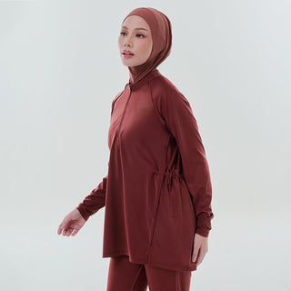 Adjustable copper-colored swimwear top by TudungPeople, featuring ties and supportive design for comfortable fit.