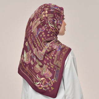 Atelier Ruby burgundy print by TudungPeople, square-shaped fabric print with intricate patterns and vibrant colors.