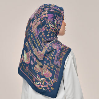 Navy Atelier square print scarf by TudungPeople featuring a dark blue pattern on soft fabric.