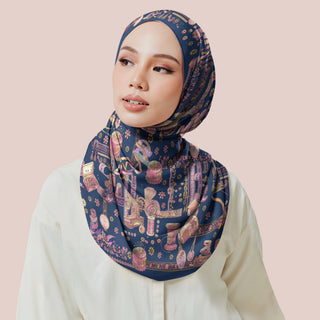 Dark blue print from TudungPeople's Atelier collection featuring intricate navy design on fabric.