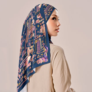 Navy blue print design by TudungPeople from the Atelier collection, featuring intricate patterns on fabric.