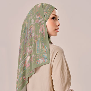 Dusty green Atelier print by TudungPeople featuring intricate design details on high-quality fabric.