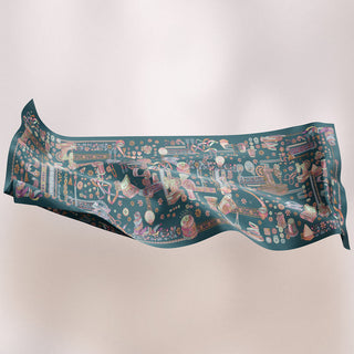 TudungPeople Atelier teal print design, showcasing vibrant teal fabric with intricate patterns, ideal for stylish headscarves.