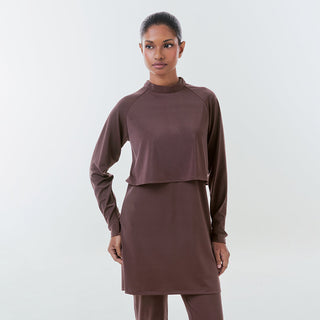 Ash brown Cape Swimwear top by TudungPeople, featuring stylish coverage and comfortable fit in a sleek swimwear design.