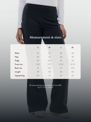 Sizing chart for TudungPeople black straight active pants, showing fit details and measurement guidelines for activewear apparel.
