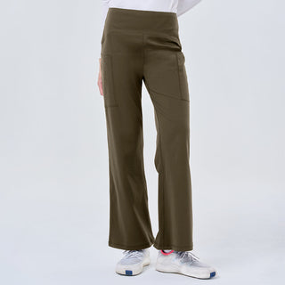 Army green straight active pants by TudungPeople, shown in a relaxed fit with elastic waistband and side pockets.