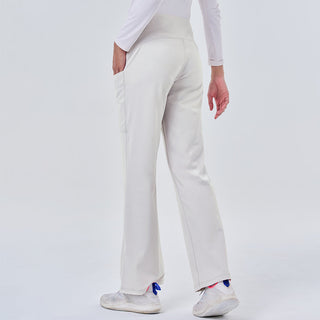 Light silver TudungPeople straight active pants displayed on a hanger, showcasing their fitted, comfortable athletic apparel design.